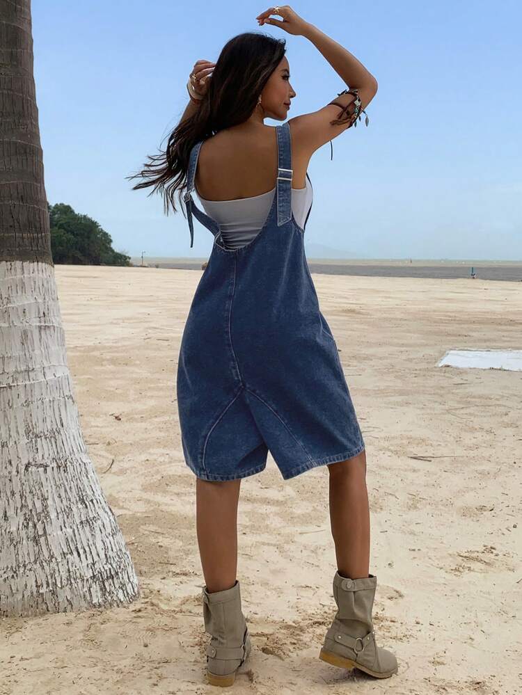 Women's Summer Loose Casual Washed Blue Pocket Decor Denim Bib Pants And Jumpsuit,Back To School Clothes Overalls