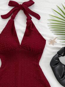 Soleia Women Burgundy Knitted Shirred Jumpsuit With Deep V Neck And Tie, Vacation Dress, Slim Fit, Suitable For Party, Valentine's Day, Date, Layering