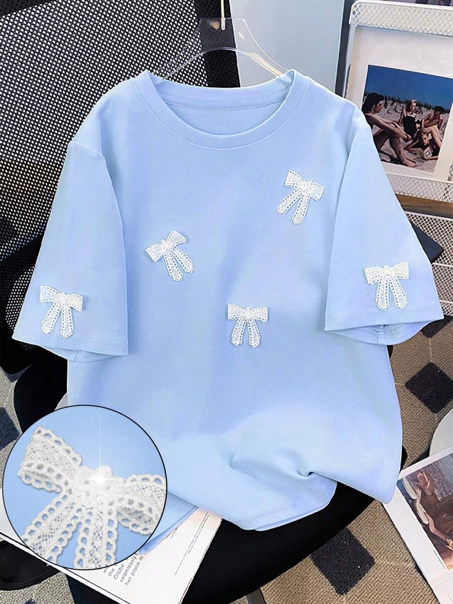 SHEIN Oversized Loose Fit Drop Shoulder Round Neck T-Shirt For Women With Handcrafted Beaded Bowknot Detail - Baby Blue - View 1