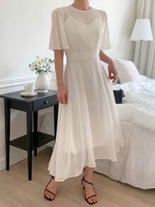 DAZY Vestido largo de mujer de cuello redondo de malla de unicolor y fluido - Beis - Ver 1