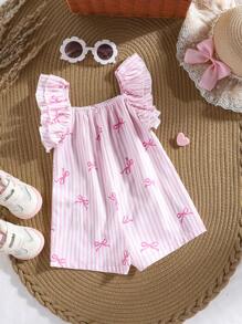 Cute Pink & White Striped Bow Ruffle Baby Girls' Romper, Summer - Pink - View 2