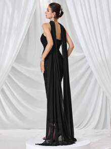 Coutiva 高级无肩带修身纯色正式礼服，高端奢华派对礼服，女士晚礼服，黑色柔软连衣裙，夏季连衣裙，蕾丝连衣裙，长裙，适合婚礼宾客、情人节等场合 - 黑色 - 查看 5