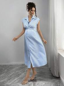 Momance Maternity Blue Striped Print Twist Front Button Down Dress - Blue - View 3