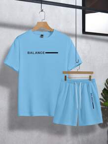 NEOREFINED Bộ quần short và áo phông in chữ thường ngày cho nam, mùa hè - Màu xanh lam - Xem 3
