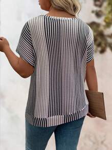 EMERY ROSE 大码女式V领彩虹下摆交叉扭纹设计休闲短袖T恤 - 彩色 - 查看 2