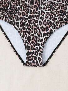 Ensemble de maillot de bain imprimé léopard pour préadolescentes, vacances à la plage - Rose bonbon - Voir 5