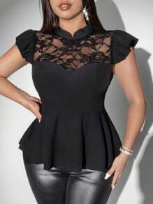 Viva Relle Plus Size Sheer Black Romantic & Elegant Blouse With Cap Sleeves - Black - View 5