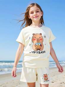 SHEIN 女童青少年珍珠奶茶水豚卡通印花圆领短袖T恤和短裤两件套，杏色，夏季 - 杏色 - 查看 2