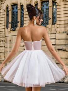 Lovelzi 奢华、优雅、高贵、宫廷风格、白色、闪光、薄纱、褶饰、抹胸、露肩领口、美人鱼廓形连衣裙，适合单身派对、婚礼、毕业季、度假、新娘送礼会礼物、新娘 - 白色 - 查看 2