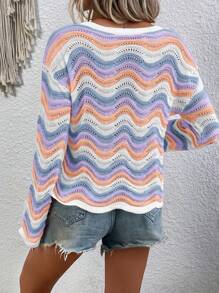 SHEIN LUNE Casual Drop Shoulder Wavy Pattern Knit Sweater Knit Pullover Fall Winter - Multicolor - View 2