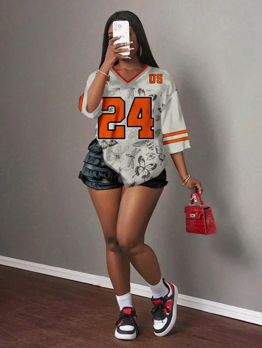 Slaydiva Casual Minimalist Sporty Street Style Butterfly Pattern V-Neck Short Sleeve Loose T-Shirt, Plus Size, Suitable For Summer Summer Outfits Vcay Women Summer Clothing - Multicolor - View 1