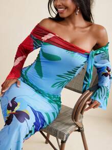 BELANGE HANDMADE Floral Mesh Print Off Shoulder Bow Flared Long Sleeves Fitted Women Dress Vacation Holiday