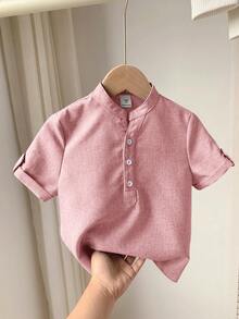 SHEIN 1 pieza Camisa casual de manga corta y cuello alto con tejido suelto liso para niños pequeños - Rosa vieja - Ver 1