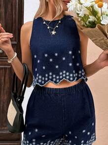 SHEIN Maternity Embroidered Sleeveless Cropped Denim Top
