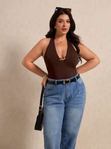 Elaquor Plus Size Solid Color Neck Tie Sleeveless Slim Fit Casual Summer Tank Top - Brown - View 2
