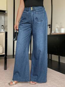 Dazy Plus Pantalones vaqueros de pierna ancha con bolsillos falsos, de un solo color, lavados, de ajuste holgado, para todas las estaciones