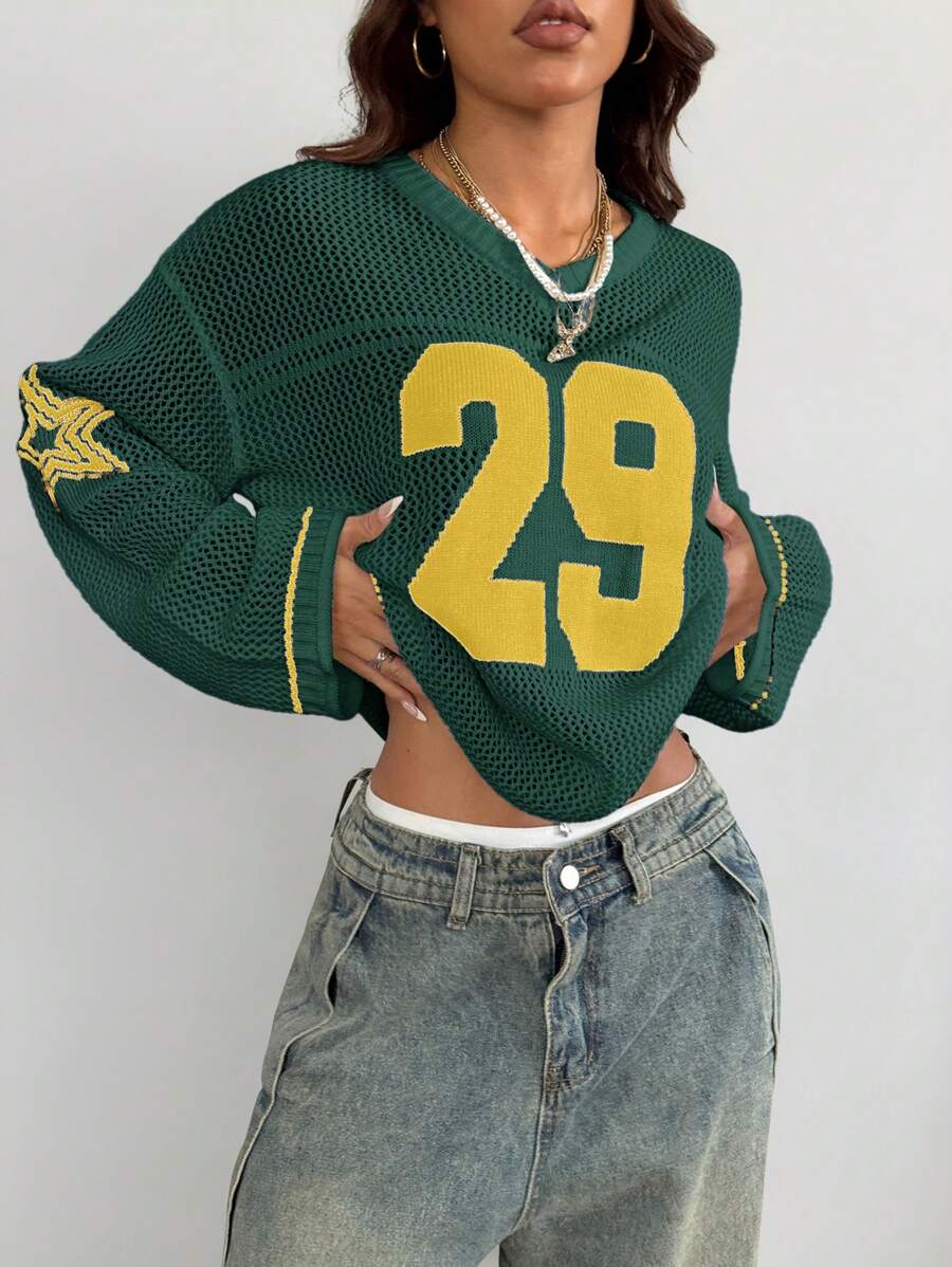Coolane Women Couple Same Style Knit Green Striped & Number Printed Oversized Jersey Cover Up Sweater Tops For School Chunky Sweater In Fall/Winter - Dark Green - View 1