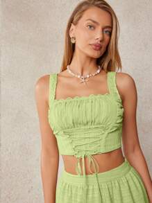 L'Amorae Áo crop top không tay buộc dây xếp ly màu xanh lá cây xô thơm dành cho nữ mùa hè, mùa hè, bãi biển, ngày 4 tháng 7 - màu xanh lá - Xem 2