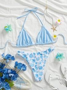 Swim Mod Women's Ocean Theme Reversible Blue Bikini Set For Summer Beach Vacation - Multicolor - View 2