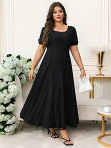 SHEIN Clasi 曲线美大码女式浪漫优雅日常黑色圆领泡泡短袖针织纹理松紧腰 A 字长裙，背面饰有蝴蝶，女士夏季连衣裙，女士婚礼宾客礼服，女士节日服装，女士音乐会服装，女士教堂礼服，黑色连衣裙，舞会礼服，女士黑色连衣裙，大码连衣裙，女士正式连衣裙，女士长裙，舞会礼服，女士端庄连衣裙，女士优雅服装 - 黑色 - 查看 3