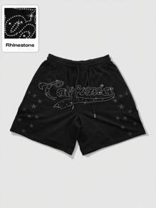 ROMWE MEN Street Life Men's Letter & Rhinestone Star Print Drawstring Waist Casual Shorts - Black - View 3