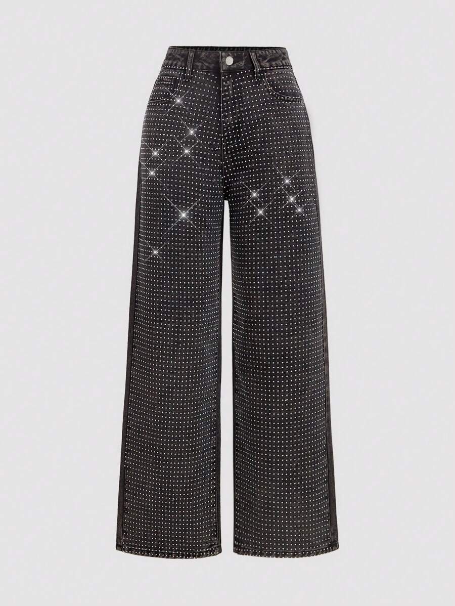 SHEIN MOD 女士休闲日常牛仔裤，宽松牛仔裤，牛仔女郎，圣帕特里克节，女士街头服饰，闪亮宽松牛仔裤，舞会裤，阔腿裤，西部风 - 黑色 - 查看 1