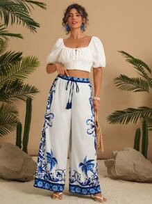 Travachic Pantalones palazzo informales de playa con estampado integral y anudado para tallas grandes para el verano - Multicolor - Ver 4