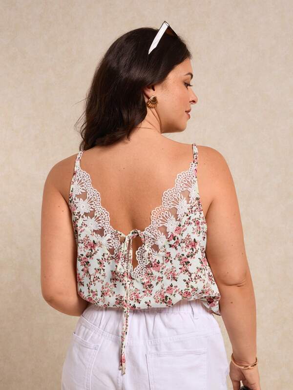 Elaquor Plus Size Women Boho Lace Patchwork Floral Printed Cami Top For Summer