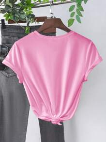 SHEIN EZwear Women's Casual Letter & Alligator Print Round Neck Short Sleeve T-Shirt - Pink - View 2
