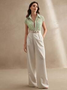 Anewsta Camisa con solapa de un solo botonadura decorada con lentejuelas y cuentas de alta calidad, blusa elegante y versátil para mujer