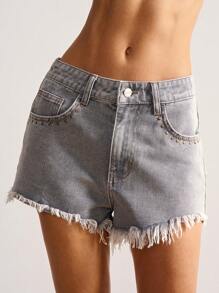 Bohemela 女式豹纹流苏下摆休闲梭织牛仔短裤 - 灰色 - 查看 2