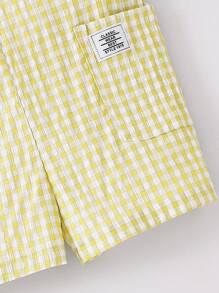 SHEIN Jardineras casuales sin mangas con bolsillo y aplicaciones de estampado a cuadros para niño pequeño - Amarillo - Ver 4