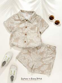 Cozy Pixies 2pcs Baby Boy Plant Floral Pattern Lapel Short Sleeve Cardigan & Elastic Waist Shorts Set