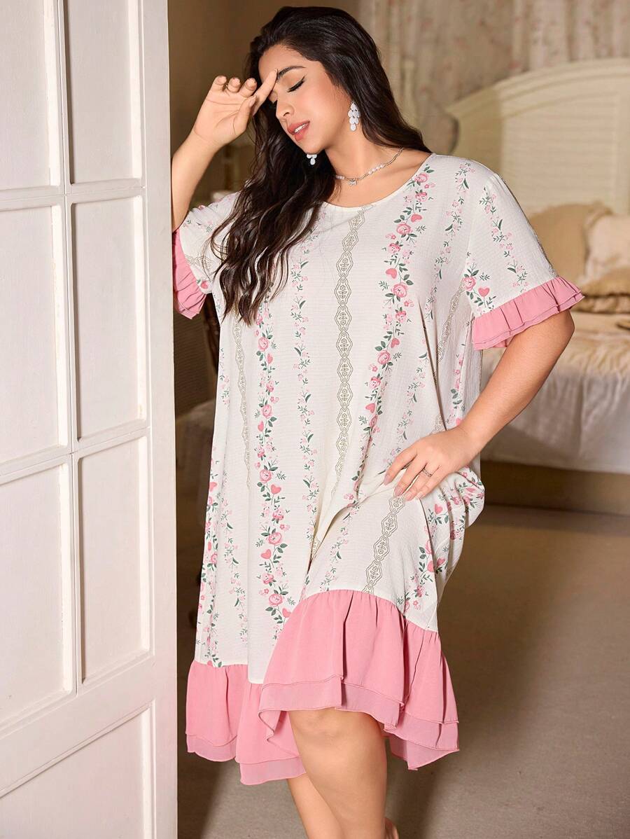 CottageSlumber Váy ngủ dài tay ngắn họa tiết hoa khối màu tương phản cỡ lớn viền bèo nhún - Hồng - Xem 1