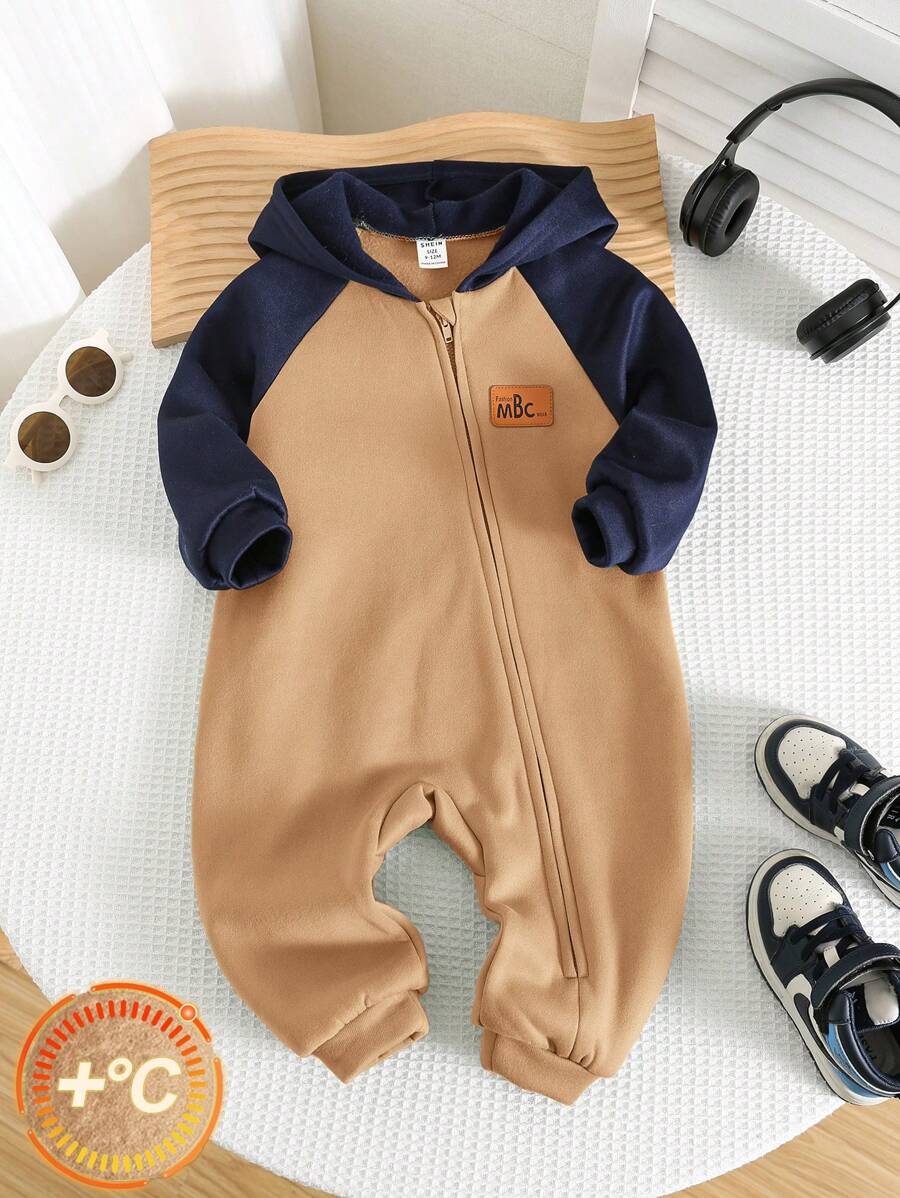 SHEIN Newborn Baby Boy/Girl Cute Color Block Hooded Jumpsuit For Autumn/Winter - Multicolor - View 1