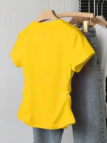 INAWLY Women's Cartoon Cat Print Round Neck Short Sleeve Ruffle T-Shirt - Yellow - View 2