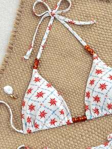 Swim Vcay Ensemble de bikini rétro imprimé perles avec lien à l'encolure pour femmes, tenue de plage et de villégiature sexy - Multicolore - Voir 4
