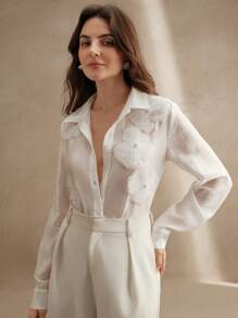 Anewsta 优雅精致的白色天丝花卉3D宽松休闲女衬衫 - 白色 - 查看 4