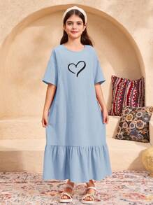 SHEIN Leap Crew Tween Girl Loose Casual Round Neck Ruffle Hem Heart Embroidery Dress - Baby Blue - View 3