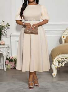 Fleurora 春夏优雅通勤办公室卡其色针织圆领喇叭泡泡袖中长短袖大码连衣裙女士办公室服装女士连衣裙优雅女士夏季服装