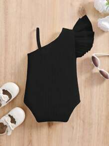 SHEIN 新生女宝宝可爱夏季针织黑色荷叶边吊带连体衣 - 黑色 - 查看 2