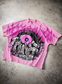 PAVTROS 男士夏季字母与眼睛图案烫金印花短袖 T 恤 - 粉色 - 查看 3