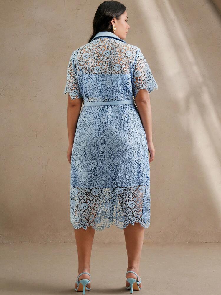 Plus Size Women's Floral Lace Trim Elegant Mid-Length Short Sleeve Dress, Fashionable, Suitable For Spring/Summer Outfits