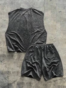 AXEPEAK Set de 2 piezas de camiseta de tirantes y pantalones cortos con estampado gráfico y lavado de nieve para hombre, disponible en múltiples tallas, estilo urbano - Multicolor - Ver 2