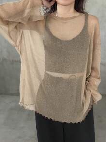 FRIFUL Blusa holgada de malla transparente con cuello redondo, prenda de capa para primavera/verano para mujeres