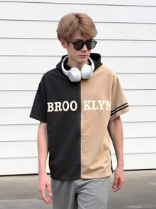 SHEIN Explorewe Jaket Hoodie Lengan Pendek Motif Huruf Gaya Jalanan dengan Blok Warna untuk Remaja Laki-laki, Kasual, Cocok untuk Busana Streetwear Musim Panas - Hitam - View 2