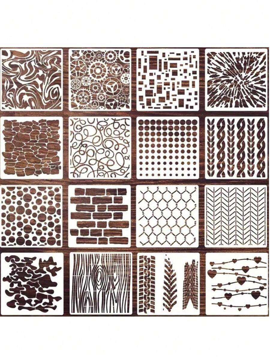 12 件/16 件几何图案模板，用于木材绘画，套装海洋生物镂空绘图模板绘画图案描摹素描工具，用于 DIY，砖心形圆点单元格齿轮方形线条树纹抽象瓷砖模板蜂窝模板用于墙壁剪贴簿饼干家具地板装饰返校 - 彩色 - 查看 1