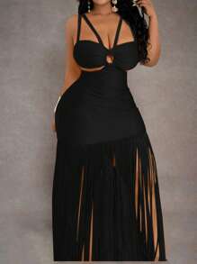 Slaydiva 大码女式镂空流苏下摆度假连衣裙 - 黑色 - 查看 6