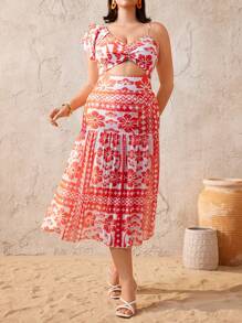 Swim Oasis 加大码女式二合一花卉印花连体泳衣，带长裙，时尚休闲度假沙滩装伊比沙岛服装