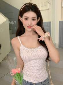 DAZY 女式可爱碎花撞色蕾丝吊带背心，波西米亚风上衣